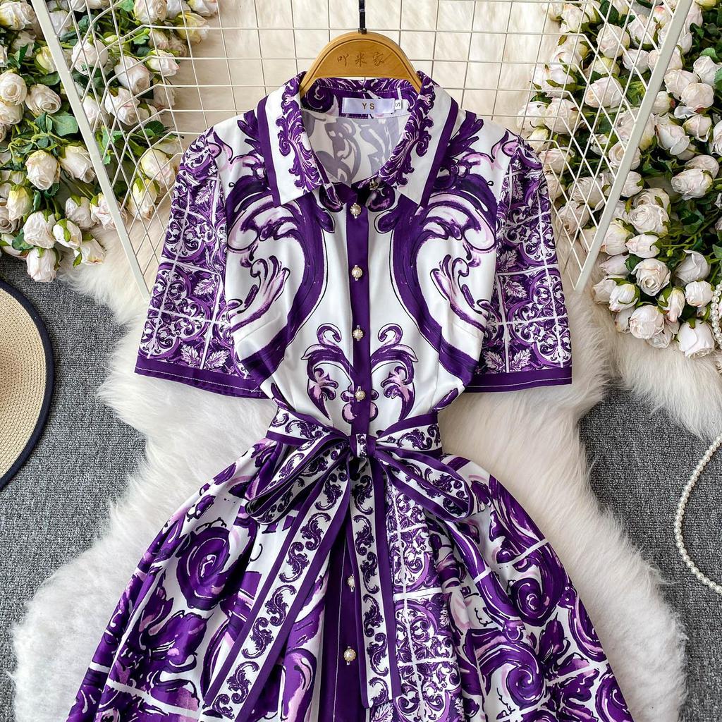 Vintage Red Baroque Print Shirt Dress Women Turn Down Neck Short Sleeve Button Front Belted High Waist Party Vacation Midi Dress