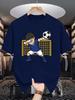 Unisex Crew Neck Tee Cute Football Player Goal Net Cartoon Print Soft Cotton Loose Short Sleeve Summer Casual Male Streetwear Tops