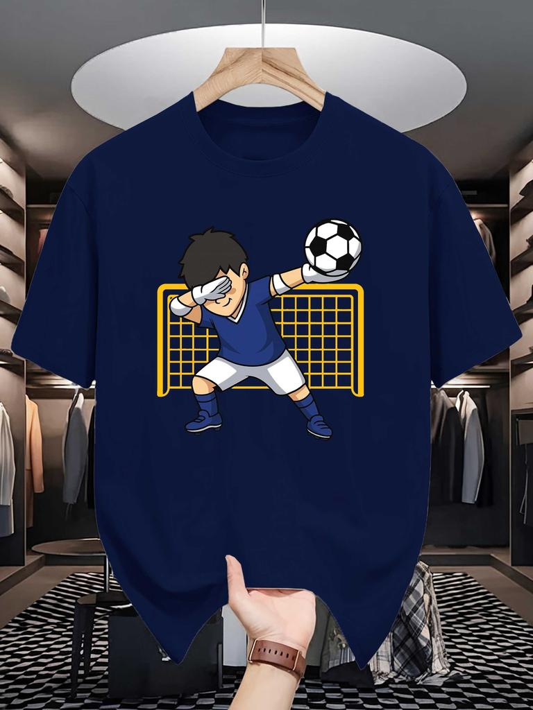Unisex Crew Neck Tee Cute Football Player Goal Net Cartoon Print Soft Cotton Loose Short Sleeve Summer Casual Male Streetwear Tops