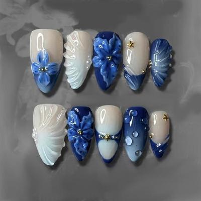 24Pz Unghie Finte Design Artistico Gigli Blu Striscia a Bolle Accenti di Perle ABS Vestibilità Comoda Uso