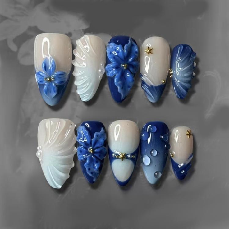 

24Pcs Artistic Design Press On Nail Blue Lilies Bubble Stripe Pearls Accents ABS Comfort Fit Use 1