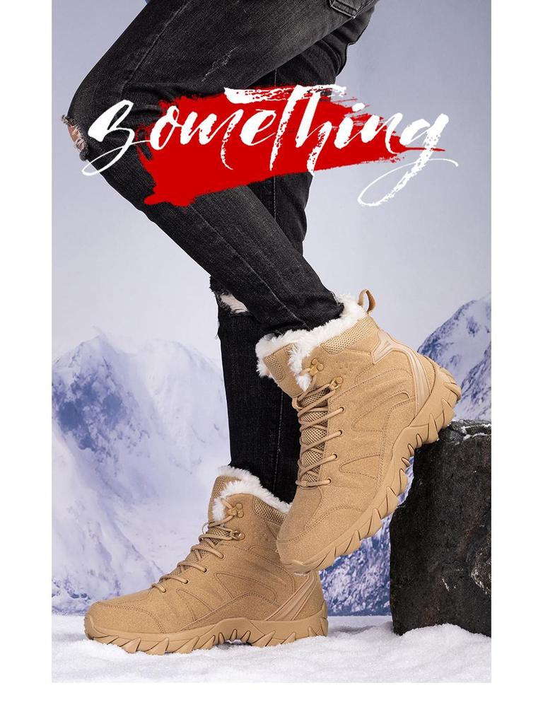 Men's Large-Size Outdoor Snow Hiking Boots - Military Combat Style, Plus Velvet, Warm, High-Top Field Boots