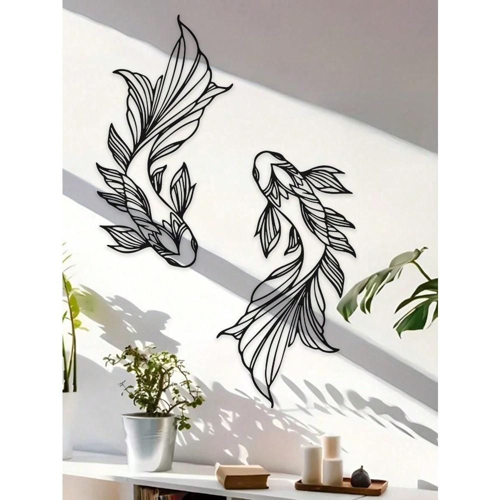 2pcs Minimalist Koi Fish Metal Wall Art, Home Decor Feng Shui, Modern Interior Design for Living Room