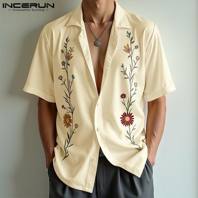 Men Lapel Neck Short Sleeve Floral Print Casual Hawaiian Summer Shirt
