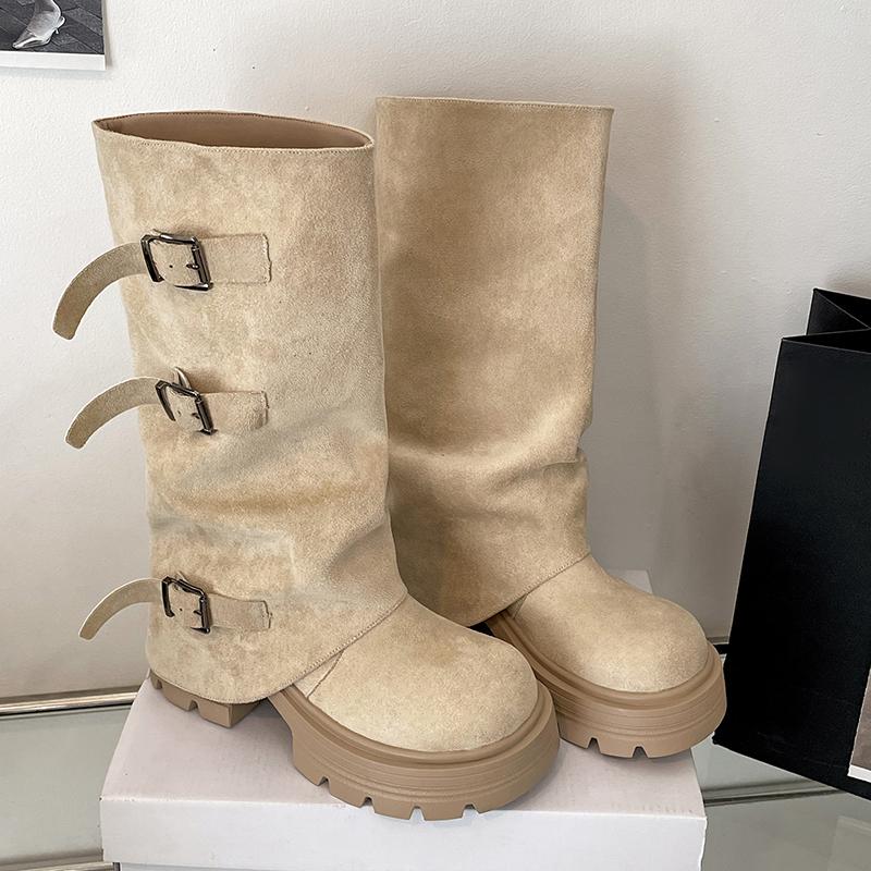 

Мода Мода Винтажная Пряжка Ремня Женщина Рыцарские Сапоги Мода Платформа Толстый Каблук Слипоны До середины икры Ботильоны 35 абрикосовый