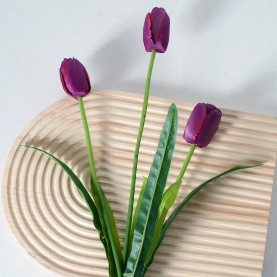 Artificial Flowers 3-Head Silk Tulip Bouquet with Bendable Iron Wire Stem Faux Floral Arrangement Wedding Decorations Photography Props