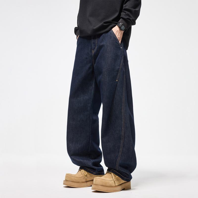 Men's American Retro Wide-Leg Patchwork Jeans - Fade-Resistant Loose Straight Leg Denim