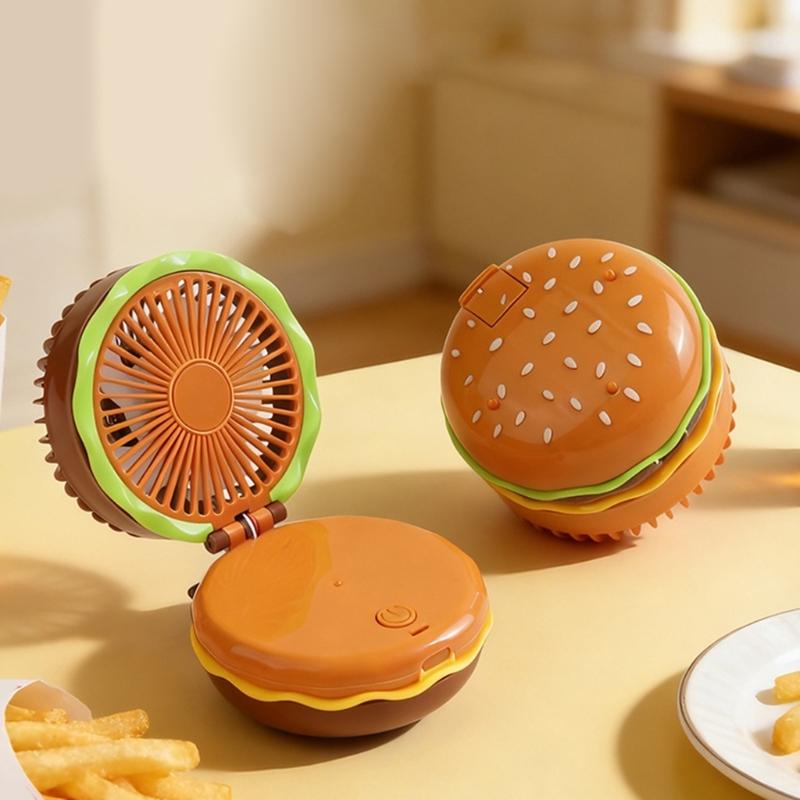 Portable Hamburger Shaped Mini Fan With 2 Battery Power For Desktop Or Handheld Use In Home Office Or Outdoor