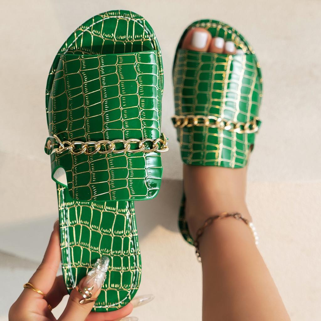 European and American large size chain flat bottom one-word slippers stone pattern open-toed beach sandals