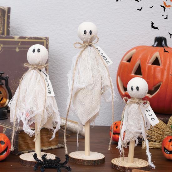 3Pcs Wooden Halloween Ghost Ornaments Rustic Shelf Sitters with Fabric Ghost Figures Farmhouse Tiered Tray Mantel Decorations