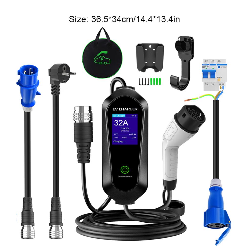 Portable Type-2 EV Charger Wall Auto Recognition 16A/32A 3.5KW/7KW 5M Single-Phase With LCD Display Bluetooth WIFI APP Control