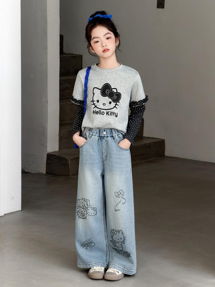 Girls' Retro Blue Graffiti Wide-Leg Jeans: Hand-Painted Loose-Fit Casual Pants