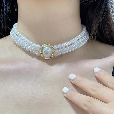 Französische Retro Kleiner Duft Dreilagige Perlenkette Funkelnder Diamant Perle Brautkleid Schlüsselbein Kette Für Frauen Hals