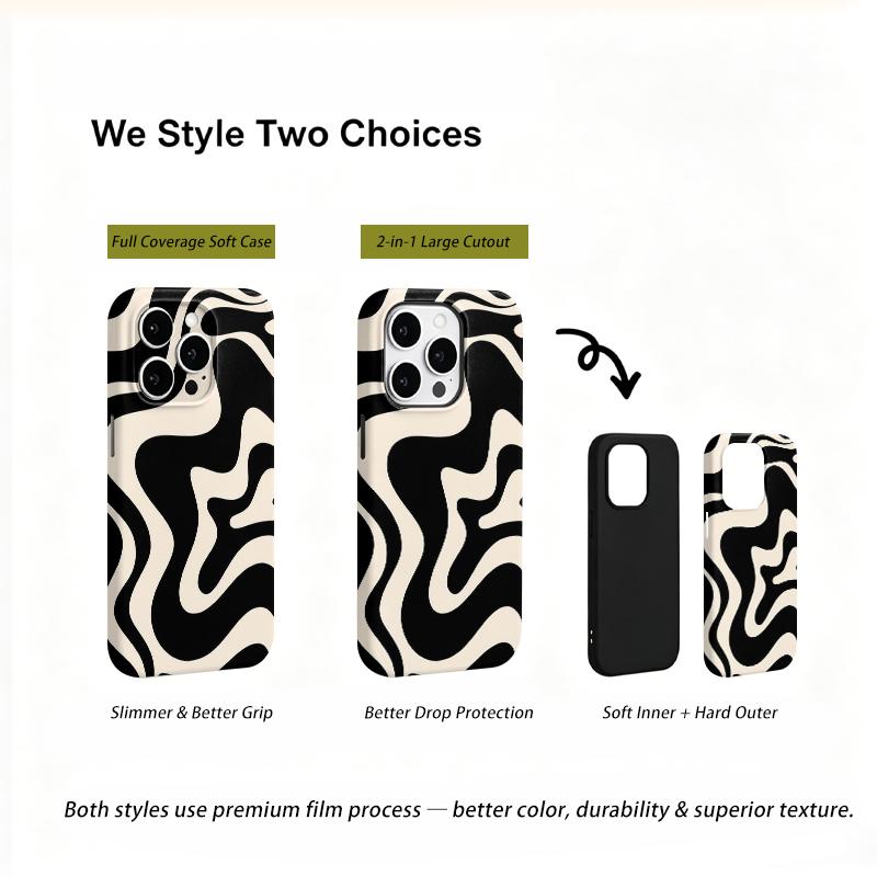 Fluid Monochrome Black Cream Abstract Swirl Graphic Film Aesthetic Protective Shockproof Bumper Phone Case Cover For iPhone 14 15 16 Pro Max Plus