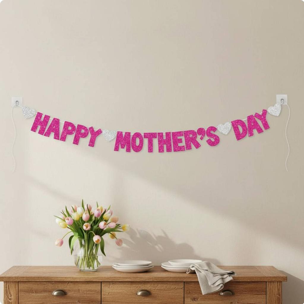 Joyful Mother's Day Banner Easy to Hang Mother's Day Glitter Banner Holiday Decoration Premium Cardstock Party Supply