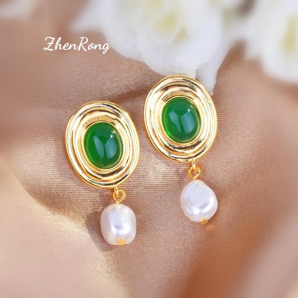 Vintage Barock-Ohrringe aus grünem Glas und Perlen