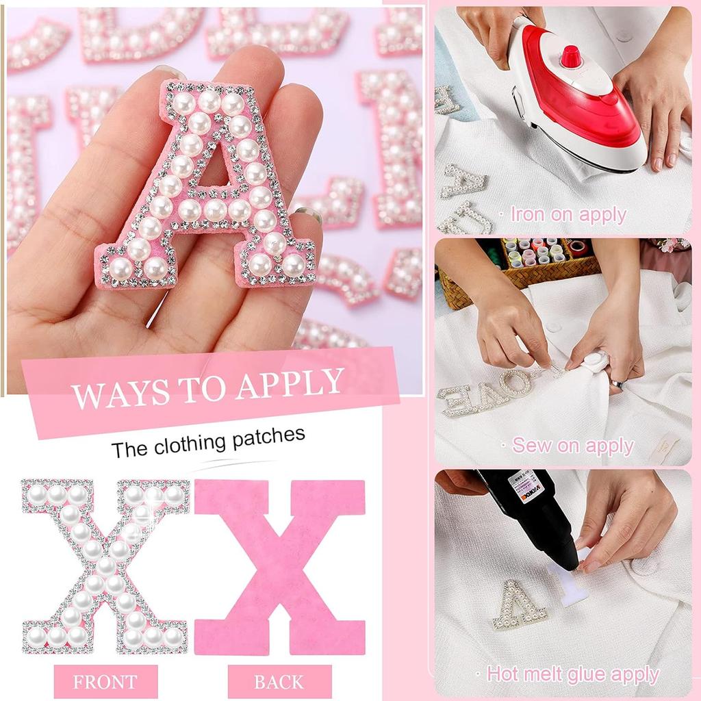 26pcs A-Z English Letter Glitter Pearls Rhinestone Patches Repair Embroidered Sew on Appliques,Patches for DIY Clothes Bags Hats