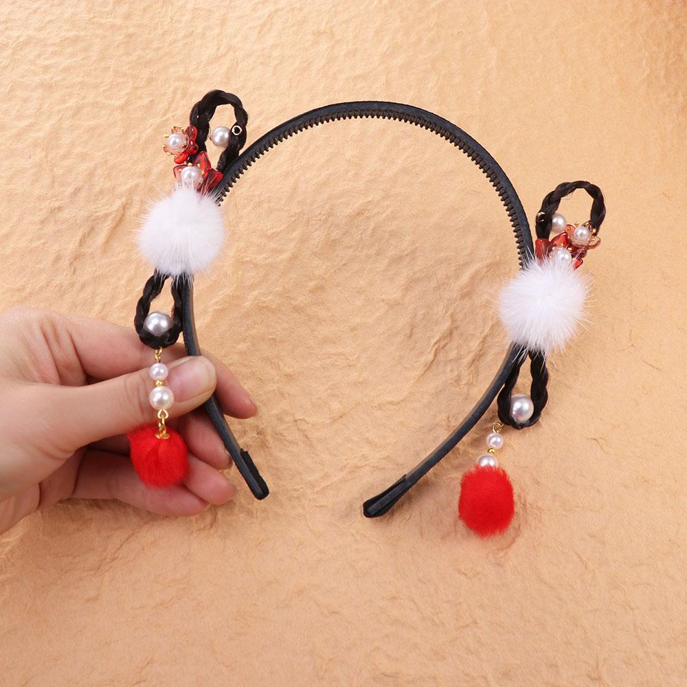 Chinese Style Flower Tassel Headband Pearl New Year Headwear Hanfu Wig Headband  Children