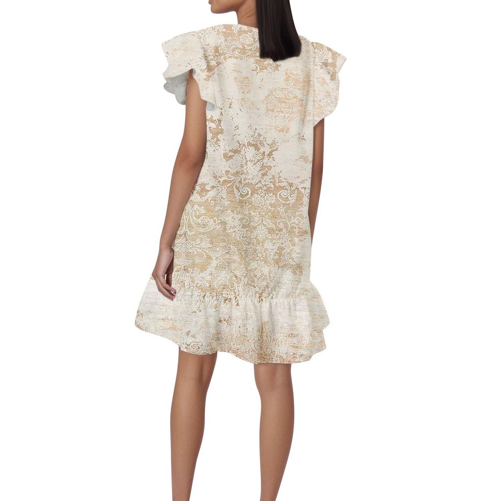 Women's Fashion Casual V Neck Wavy Edge Texture Print Short Sleeve Dress