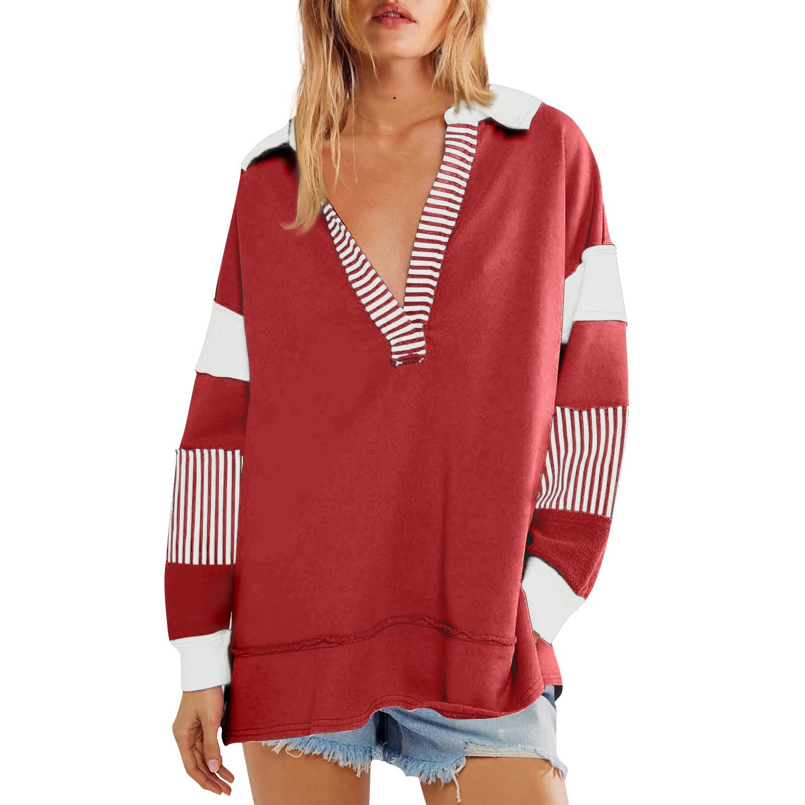 

Женская мода Свободный пуловер с v-образным вырезом и длинными рукавами, повседневная толстовка с разрезом, топ XL красный