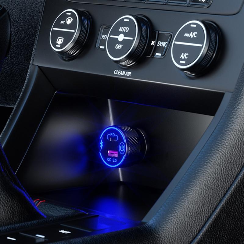 Universal QC3.0 USB Dual Port USB C Type C PD Car Adapter Fast Car Charger with for Touch Power Switch LED Backlight