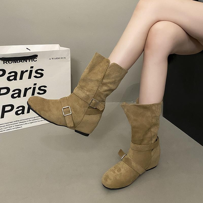 Korean suede retro small square head two wear folded thick heel belt buckle short boots women's autumn and winter Martin boots short boots