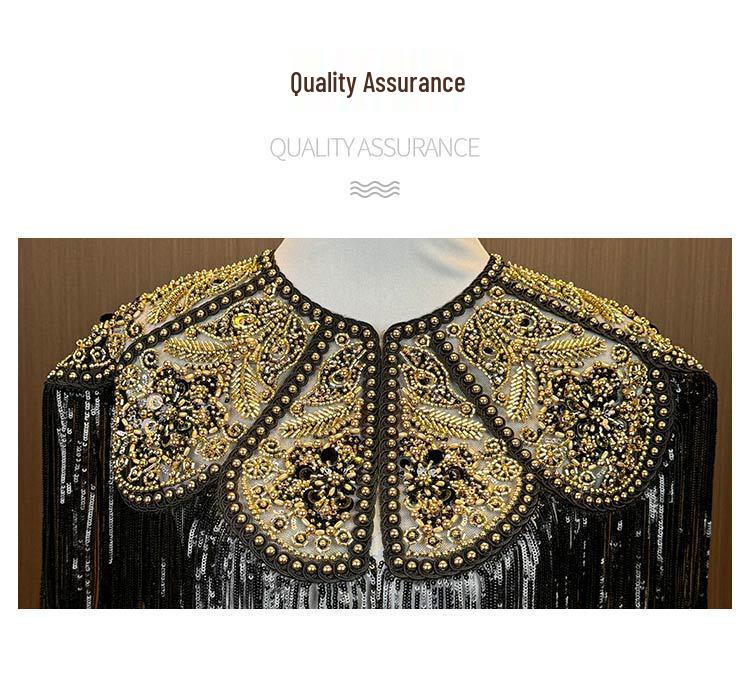 Retro Lace Sequin Qipao Shawl Dress with Beaded Shoulder Cloak