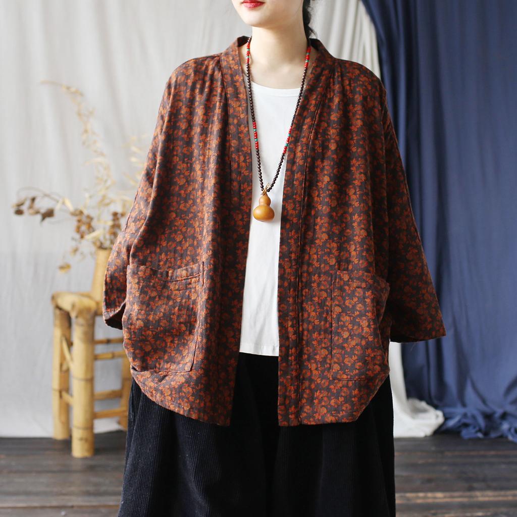 Johnature Loose Chinese Style Print Long Sleeves V-Neck Coat Woman Winter Niche Personality Batsleeves Vintage Coat