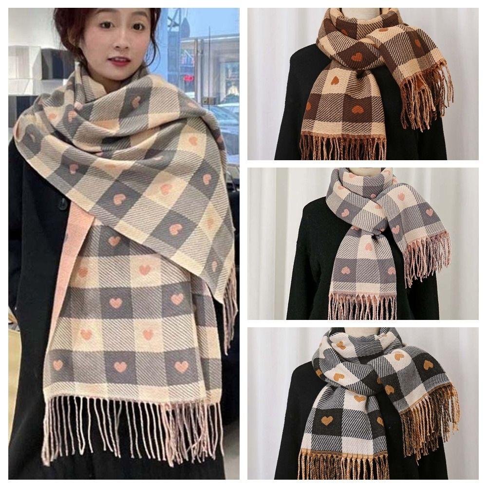 Warmer Plaid Knitted Scarf Long Tassel Shawl Gifts Heart Thickened Scarf  Winter