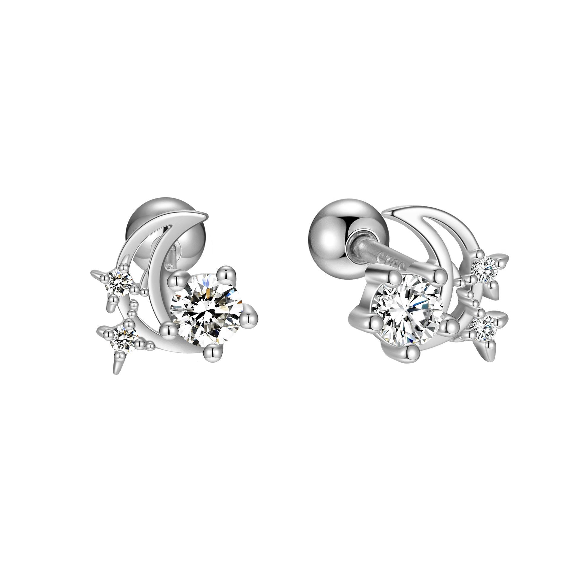 

925 Sterling Silver Moon Star Stud Earrings for Women - Shiny Zircon Cute Celestial Ear Jewelry Fashion Daily Party Accessories срібний