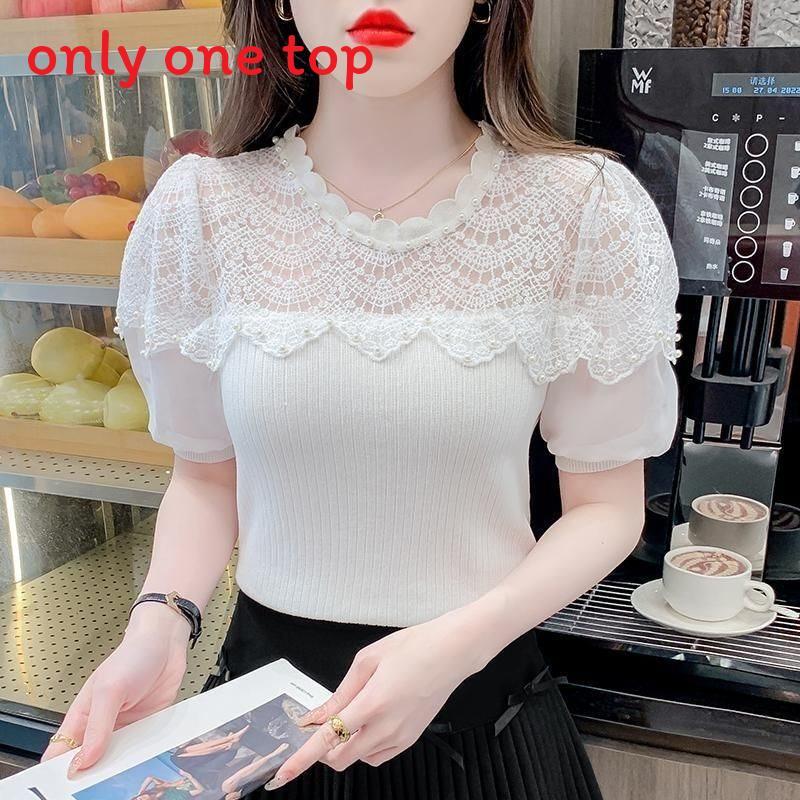 Designer Pearl Embellished Lace Spliced Chiffon Blouse For Summer Casual Wear