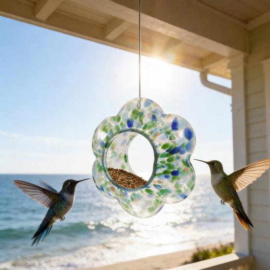 Colorful Glass Bird Feeder Outside Hanging Fly Through Bird Feeder Flower Shape Birdfeeder for Blue Jay Finch Garden Decor