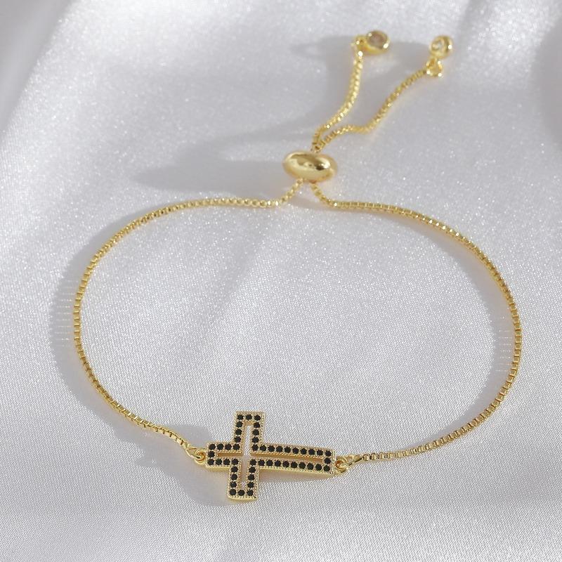 Electroplated Cross Bracelet with Hollow Design, Handcrafted Jewelry Featuring Zirconium Stones, Adjustable Bracelet