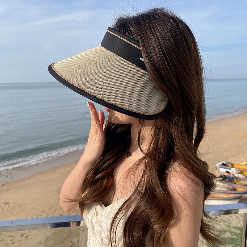 Sun hat children's summer new sunscreen hat shows a small face, UV protection, large brim, empty top vinyl straw hat