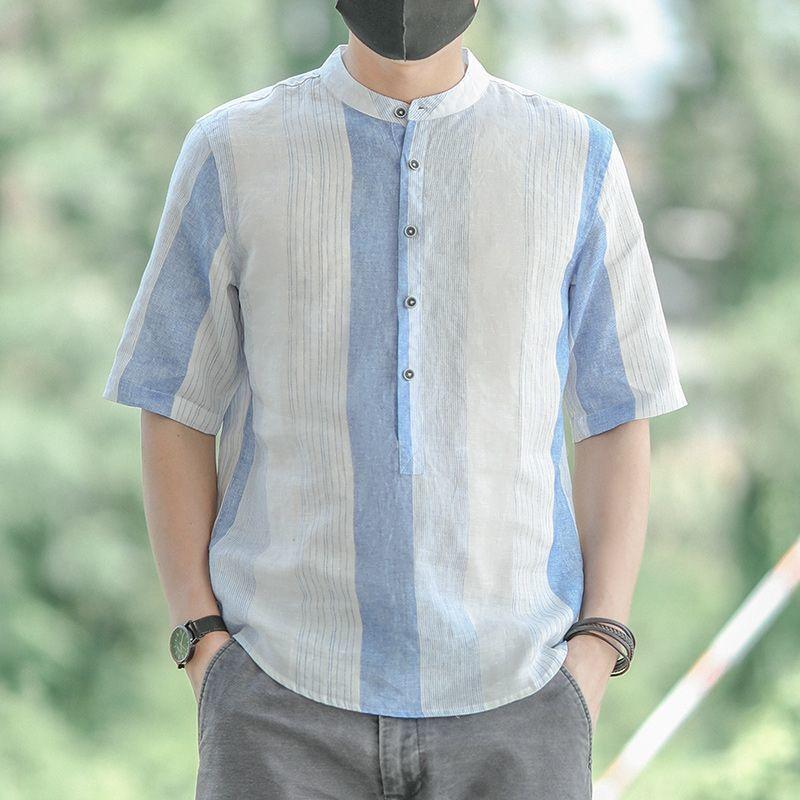 Striped Linen All Match Short Sleeved Men's Shirt Summer New Item, Thin Cotton Linen Breathable Loose Collar Casual Top