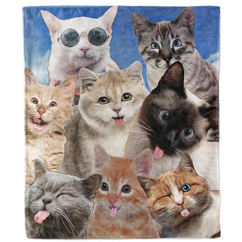 Cute Animal Cats Blanket Fleece Plush Throw Blankets Warm Bedspread Shawl for Bed Sofa Kitten Print Blanket Flannel Soft Cozy