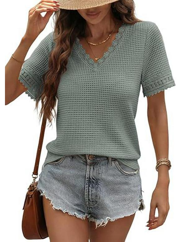 2026 Women's Casual V-neck Short-Sleeved Waffle Knit Top with Lace Patchwork