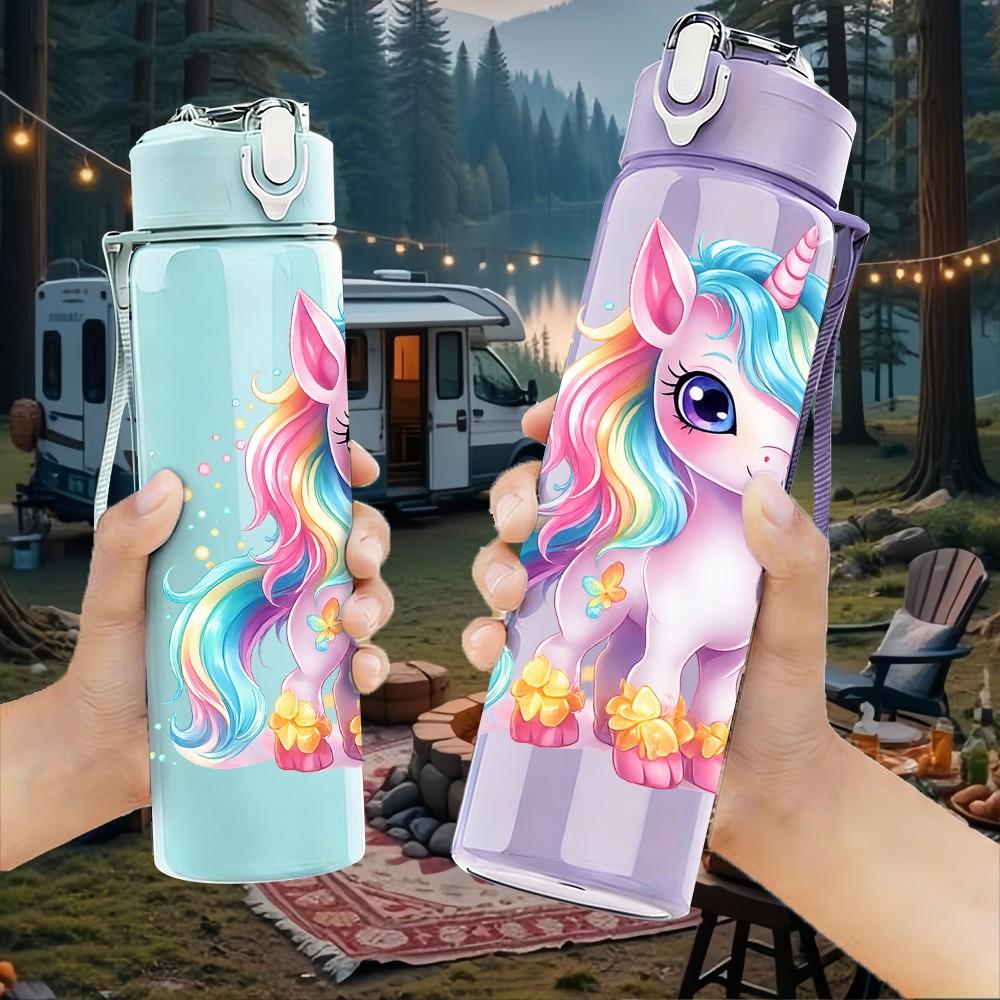 1PC Bright Pastel Unicorn Character Print 750ml Color Plastic Sports Water Bottle Leakproof Flip Straw Lid Suitable for Sports Office Home Use