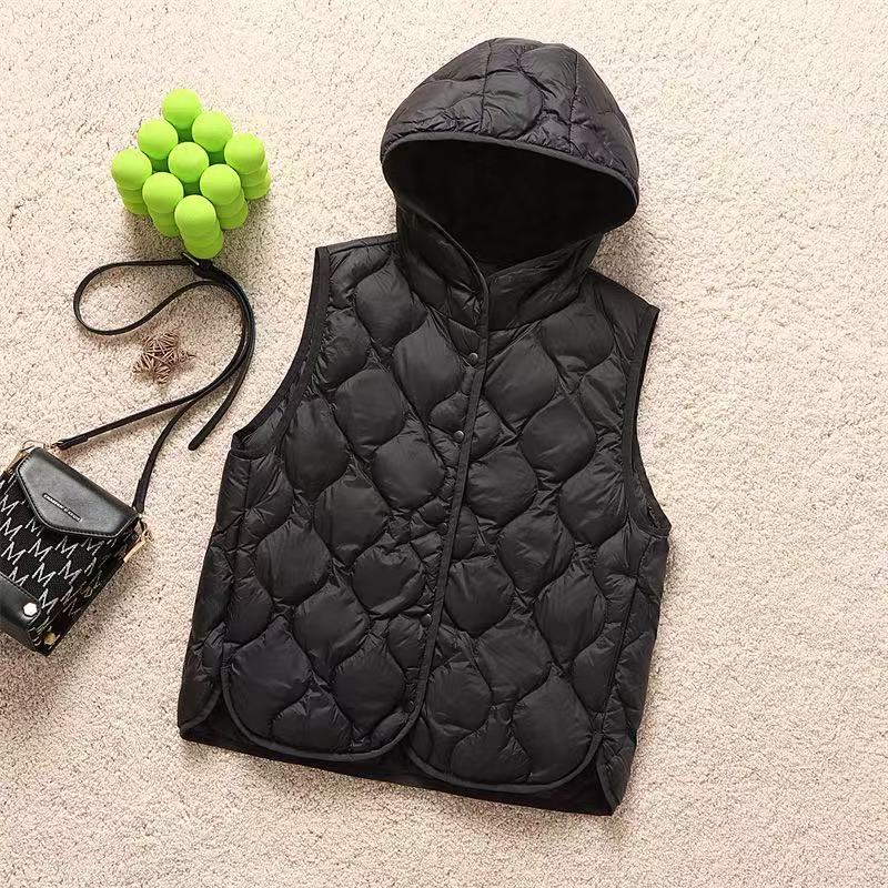 Herbst und Winter Neu Damen Leichte Kapuzen-Daunenweste Rundhalsausschnitt Kurz Warm Entenflaum Tragbar Tanktop Groß