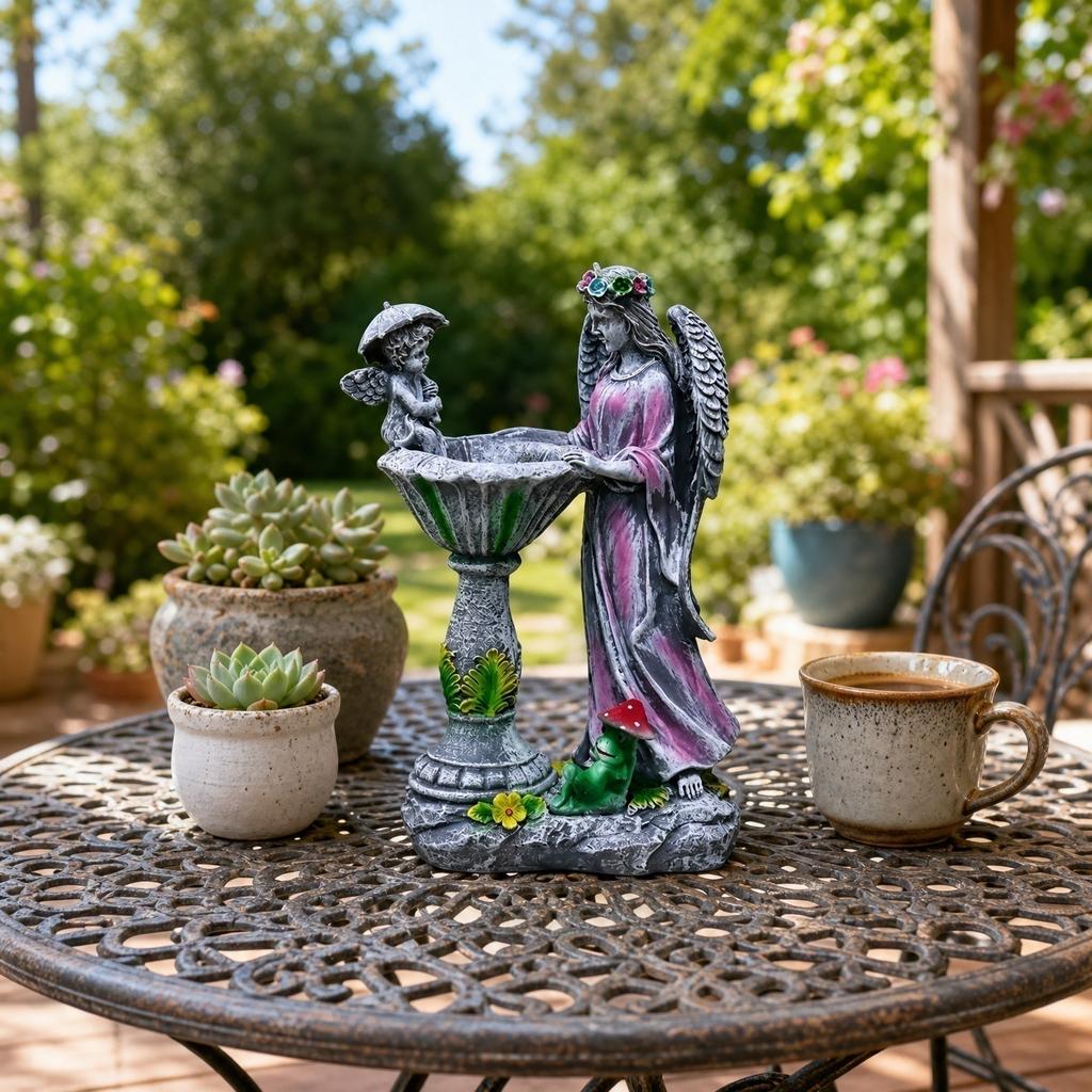 Solar Resin Angel Statue with LED Light Fairy Garden Pond Decoration for Outdoor Patio Yard Fountain Sculpture