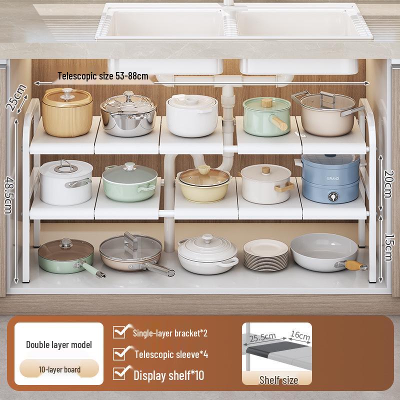 Retractable Under-Sink Tiered Shelf and Pot Storage Rack