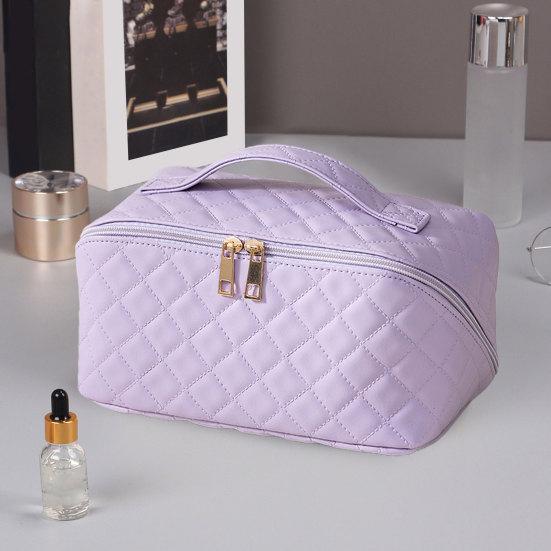 

Дорожная косметичка большой емкости, водонепроницаемая портативная стеганая косметичка из искусственной кожи с ручкой для путешествий синий