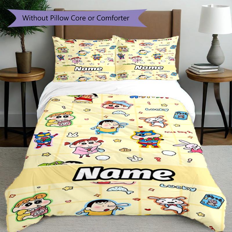 3pcs Duvet Cover Set (1*Duvet Cover + 2*Pillowcase, Without Core), Custom Name Cartoon comics Pattern Bedding Set, Home Bedroom Decor Gift