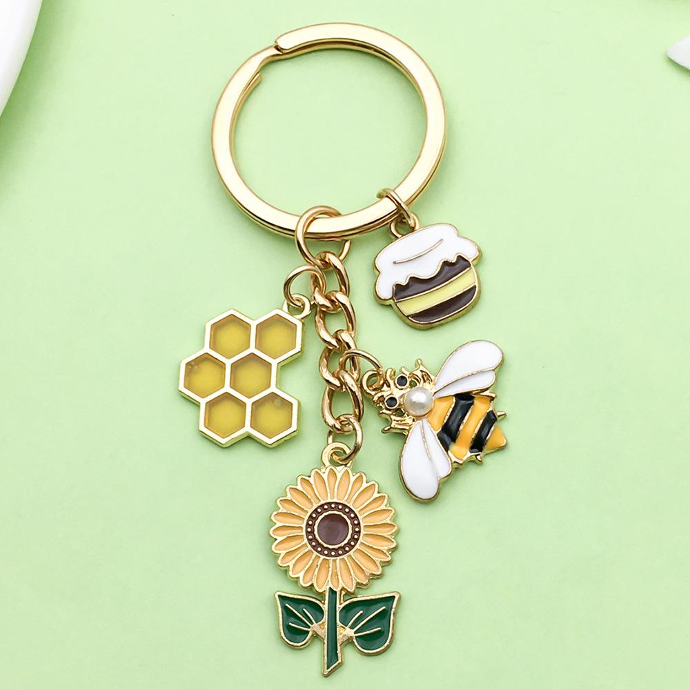 Personalized Pearl Bee & Sunflower Honeycomb Keychain Charm