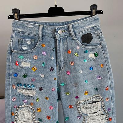 Mit Diamanten besetzte Perlen, hoch taillierte Jeans-Shorts, Sommermodelle für Damen, schmale, vielseitige Shorts mit gebrochener Quaste