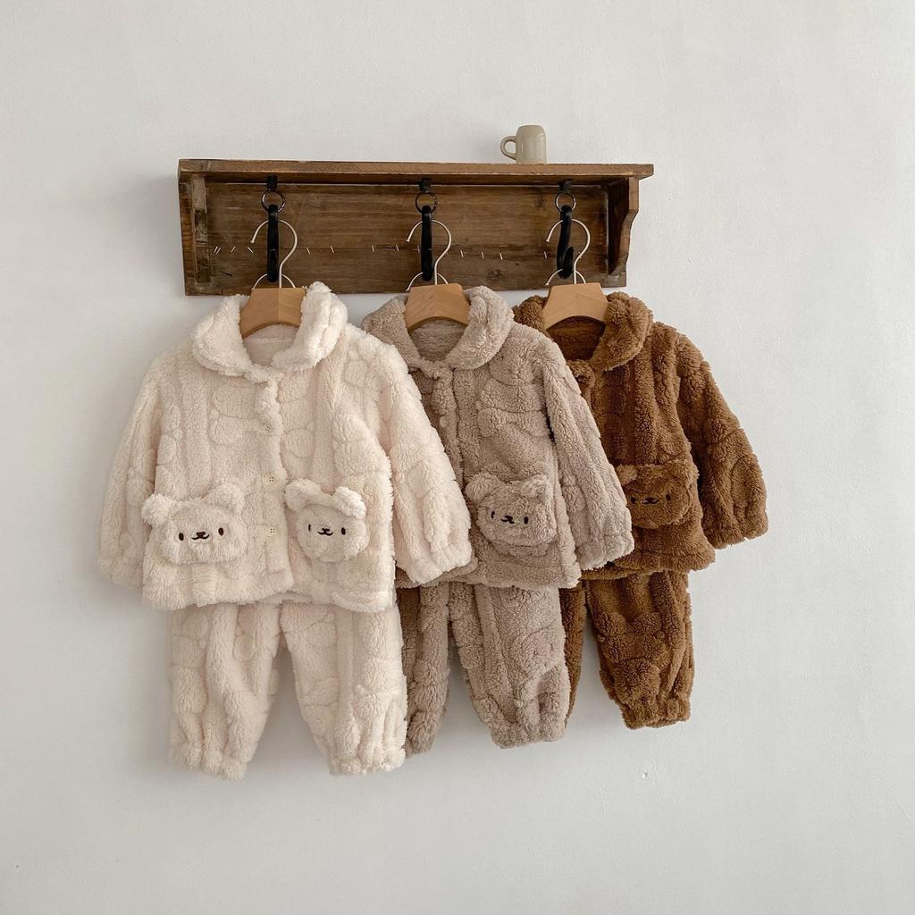 Autumn and Winter Baby Home Suit Cute Bear Plush Coat Children Plus Plush Pajamas Two-piece Coat Pans Sets