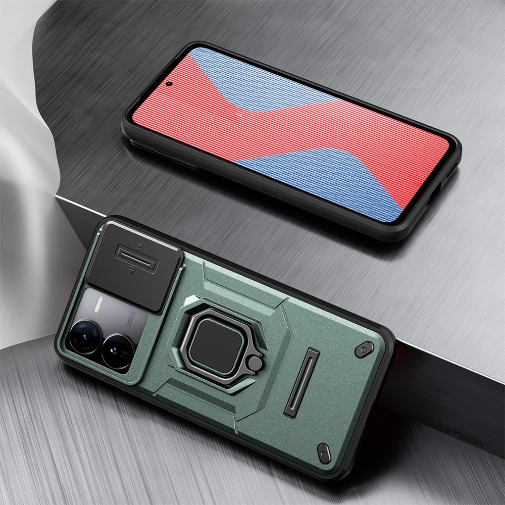 KEYSION Shockproof Case for IQOO Z9X 5G Slide Push Pull Camera Lens Protection Ring Stand Phone Back Cover for for VIVO IQOO Z9X