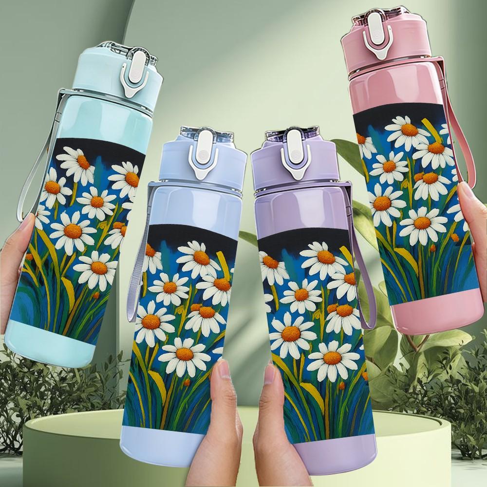 1PC Daisy Flower Window Frame Print 750ml Color Plastic Sports Water Bottle Leakproof Flip Straw Lid Suitable for Sports Office Home Use