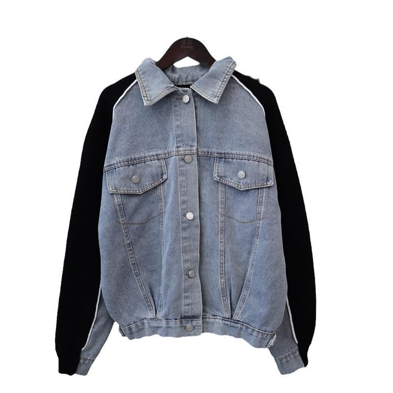 Autumn and winter new design sense splicing denim knitted double-sided cardigan loose and thin sweater jacket women