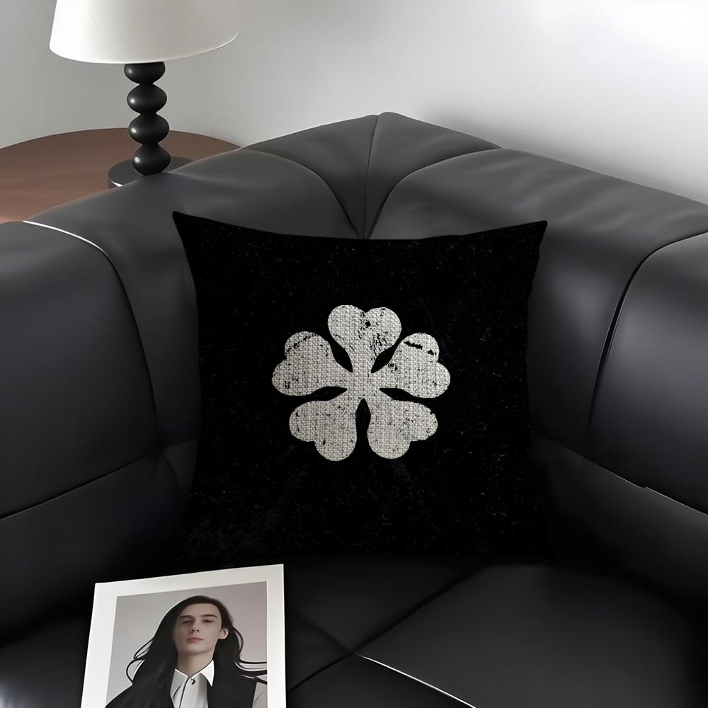 B-Black C-Clover Anime Cushion Cover Natural Linen Organic Fabric Double-Sided Printing Sofa Home Decor Gift Pillow Case